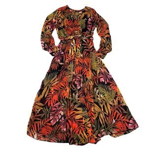 Spy Zone Exchange Black, Orange Gold Green Leaf Print Maxi Wrap Dress - Size M